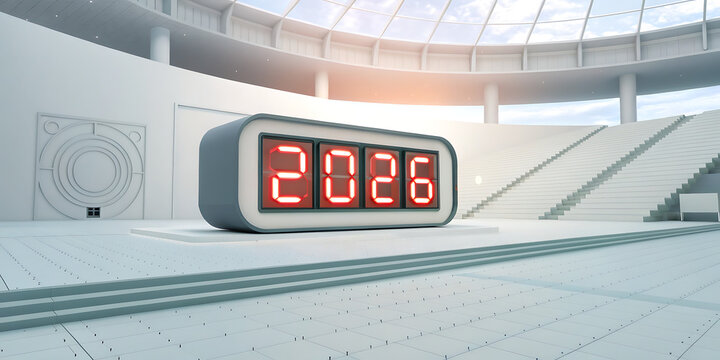 Futuristic 2026 Countdown Display in Modern White Interior – Digital Red Numbers with Minimal Design and Bright Light, Perfect for New Year Celebration, Technology, and Innovation Concept - Powered by Adobe