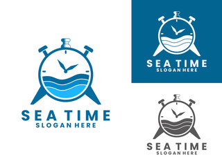 Clock with sea elegant logo design vector template. Clock logo design icon