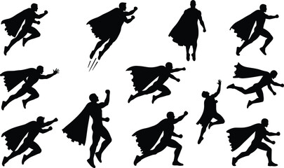 Superhero silhouette vector set, flying and running hero poses, dynamic action stances, cape movement illustration, comic style character design, powerful heroic collection