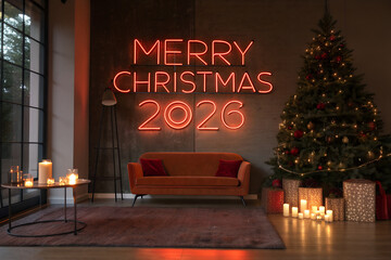 “MERRY CHRISTMAS 2026” neon sign in festive living room with tree, gifts, candles, and warm lighting—modern holiday ambiance full of cheer and seasonal charm. generative ai