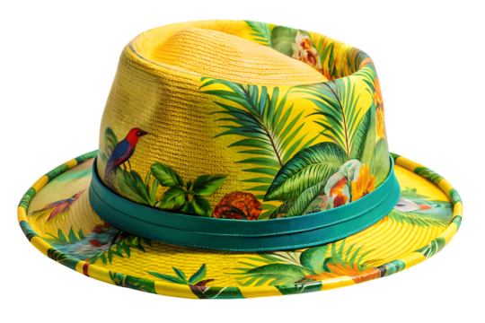A vibrant yellow fedora hat adorned with a tropical jungle pattern featuring palm trees and colorful parrots isolated on transparent background