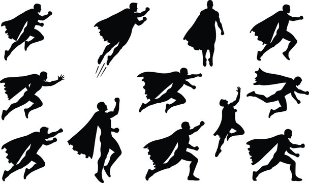 Superhero silhouette vector set, flying and running hero poses, dynamic action stances, cape movement illustration, comic style character design, powerful heroic collection