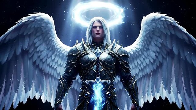 Fantasy angelic warrior with halo and glowing armor in mystical setting