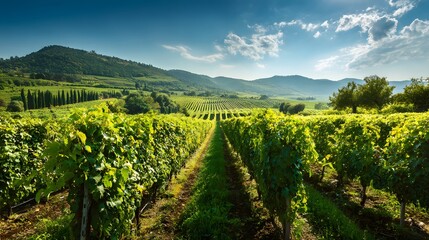 Naklejka premium Lush rows of cultivated grapevines stretch toward distant rolling hills under a bright summer sky