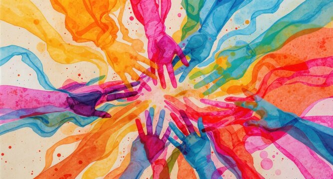 Abstract watercolor artwork depicting a circle of colorful hands reaching toward a bright center