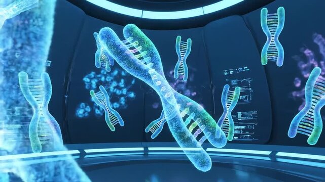 Abstract visualization of glowing blue DNA helix molecules in a futuristic science laboratory environment