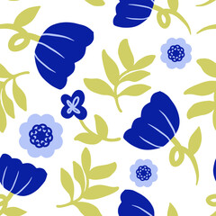 Blue and Green Floral Seamless Pattern in Flat Modern Style for Fabric, Wallpaper, and Graphic Design Projects.