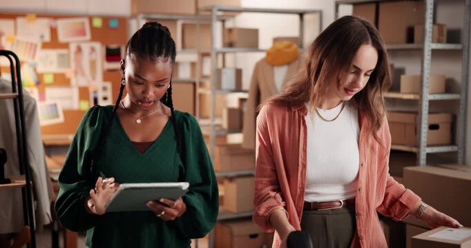 Ecommerce boxes, fashion designer or scroll with tablet for scan online order, barcode or customer info. People, teamwork and tech in retail store for shipping package, logistics and small business.