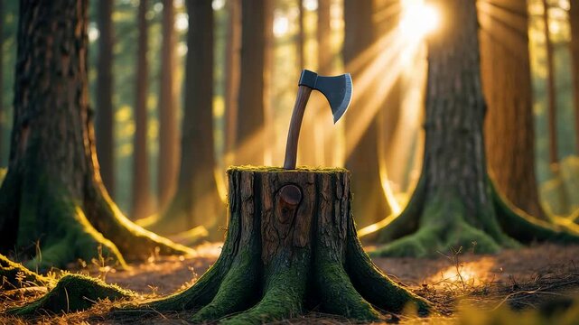 Axe Embedded in Mossy Tree Stump with Golden Sunburst Through Tall Forest Trees