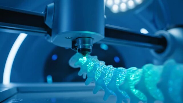 Advanced 3D printer intricately creates a luminous blue object layer by layer showcasing cutting edge manufacturing technology