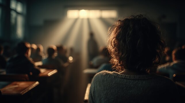 Student in Dim Classroom Focused on Lecture with Warm Evening Light.