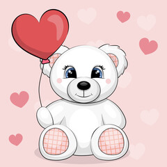 Cute cartoon White Bear Toy with heart shaped balloon. Vector illustration of an animal on a pink background with hearts.