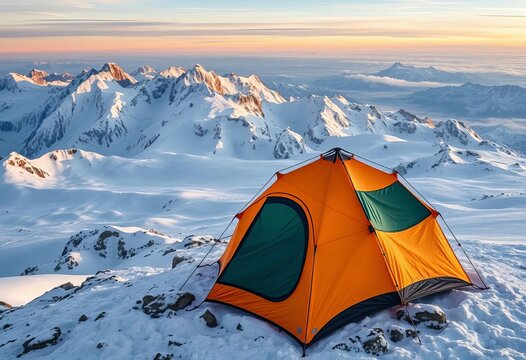 Expeditionary tent bravely placed on a vast, snow-dusted mountain summit, embracing the elements,  extreme,  outdoors