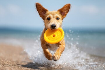 dog playing with frisbee at the beach