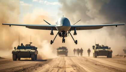 Military drone flying over desert terrain representing modern warfare surveillance technology and defense strategy evolution in global conflicts