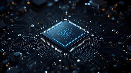  close-up Cyber AI Microchip with Electric Blue Neon Circuits