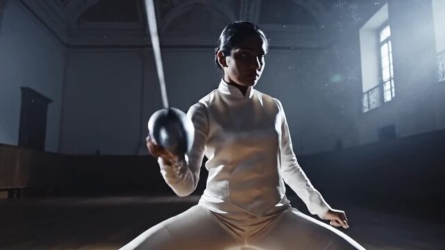 Powerful female athlete fencing (&eacute;p&eacute;e lunge) in a dramatic, dark, and sunlit historic ballroom or training hall