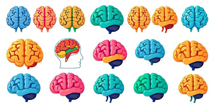 Set of colorful flat brain icons, various styles, isolated on white,  clipart,  set