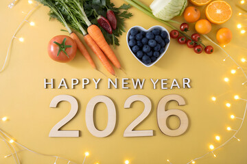 “HAPPY NEW YEAR 2026” on yellow with fruits, vegetables, and string lights—festive wellness-themed arrangement celebrating fresh starts and healthy living. generative ai