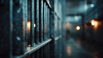 Obraz premium A close-up of prison bars, with a blurred corridor in the background, creating a moody and atmospheric depiction of confinement.