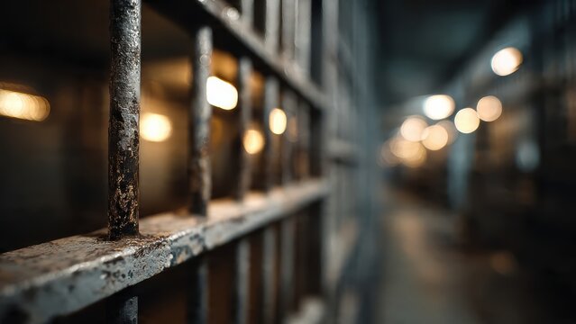 A close-up view of prison bars with a blurred corridor in the background, evoking a sense of confinement and isolation.