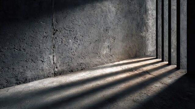 A dimly lit, textured wall with shadows cast by vertical bars creates a moody, atmospheric scene.