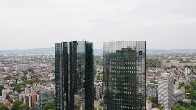 Aerial perspective highlighting Frankfurt&rsquo;s striking twin towers, a symbol of financial innovation, urban prosperity, and Germany&rsquo;s role as a key economic driver in the heart of Europe.