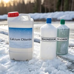 Title: De-Icing Chemicals and Salt Containers in Snow During Winter