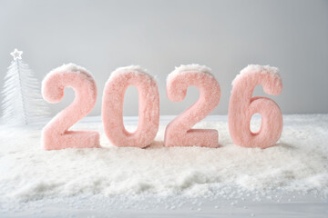 Snow-dusted pink “2026” figures on wintry surface with white Christmas tree—minimal festive scene blending seasonal charm, celebration, and clean elegance. generative ai
