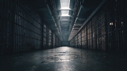 A dimly lit prison corridor with barred cells on either side, creating a sense of confinement and isolation.