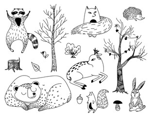 Set of hand drawn line art of wild forest animals, trees and natural elements.