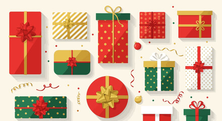 Collection of colorful gift boxes flat vector illustration with ribbons and bows perfect for Christmas and birthday celebrations