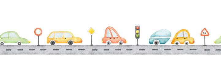 Seamless border of colorful retro cars on straight road, road signs and stoplight. Watercolor hand drawn kids background of city street. Baby endless banner of highway with engine for children goods