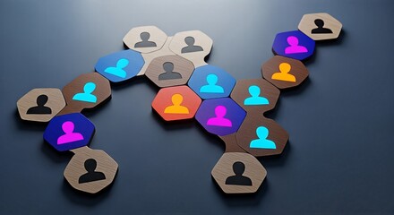 Abstract representation of a diverse network of people connected through hexagonal shapes, symbolizing community and collaboration.