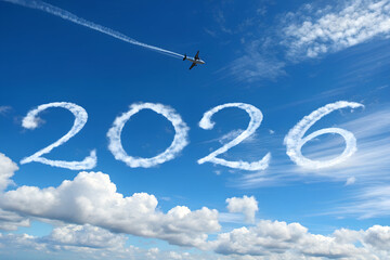 Skywritten “2026” in cloud-like contrail—airplane soaring through blue sky above scattered clouds, symbolizing aspirations, movement, and the future ahead. generative ai