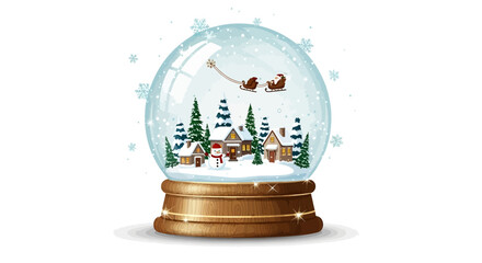 Snow globe with Santa Claus flying over a winter village festive Christmas decoration isolated on white background