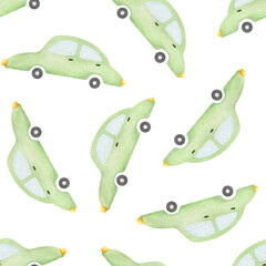 Naklejka premium Kid seamless surface pattern design of green sedan car. Watercolor hand drawn baby background. Cute endless print of retro vehicles for children fabric, textile, playmat, bedding, stationery 