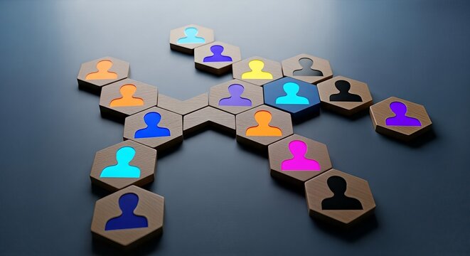 Diverse team members connect visually forming a dynamic network, representing collaboration, unity, and modern organizational structures for impactful business strategies.