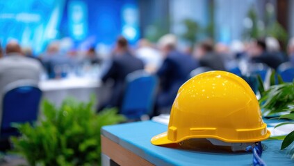 Hard Hat on Table at Conference with Attendees.