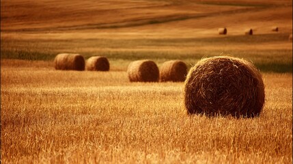 Rounded bales of dried grass rest scattered across a golden harvested field at sunset
