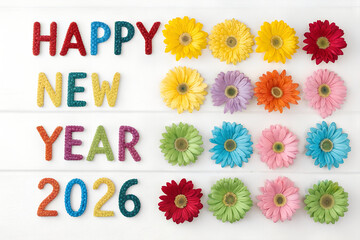 Colorful “HAPPY NEW YEAR 2026” in glitter letters with matching artificial flowers—joyful, festive arrangement celebrating the new year with vibrant energy. generative ai