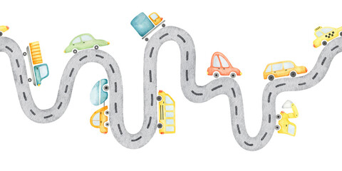 Seamless border of colorful retro cars on winding asphalt road. Watercolor hand drawn kids background of of city street. Baby endless banner of highway with engine for children goods