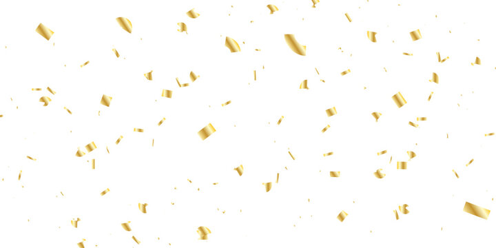 Golden confetti and streamers falling against a white background creating a celebratory and elegant atmosphere for events	