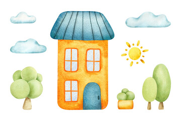 Whimsical house, sun, trees, flowerbed and clouds set. Collection hand drawn watercolor Illustrations. Elements of city landscape for poster, kids goods, textile, album, stationery, wrapping, apparel