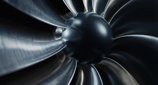 Close-up of a turbine fan blade assembly, metallic and reflective, against dark backdrop
