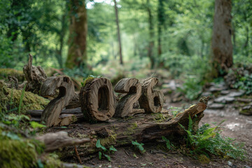Fototapeta premium celebrate 2026 carved from wood standing on tree trunk in big numbers with alpine forest surrounding, bokeh, photorealistic