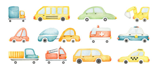 Set of city cars, carrier, fire truck, ambulance, police engine. Collection watercolor Illustration children vehicle. Transport clip art for baby poster, kids goods, textile, albums, wrapping.