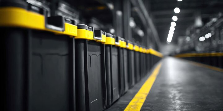 Rows of black and yellow industrial batteries in a factory.