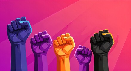 Powerful diverse fists raised in unity and solidarity, symbolizing strength, activism, and collective power against a vibrant gradient background with light rays