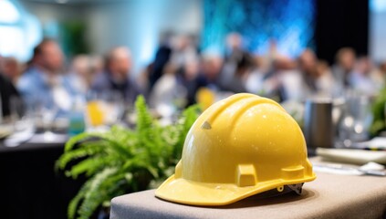 Yellow hard hat on table at business conference event.